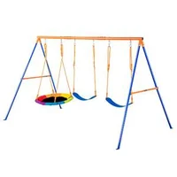 Set-de-leagăne-pentru-curte-cu-1-scaun-tip-cuib-și-2-scaune-tip-bandă-pe-cadru-metalic-în-formă-de-A