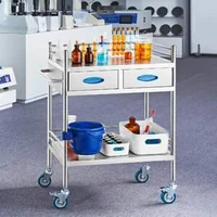 Cărucior-medical-mobil-din-oțel-inoxidabil-cu-2-niveluri-și-2-sertare