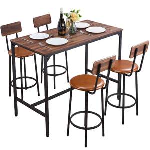 Set-cu-masă-de-bar-și-4-scaune-culoare-nuc-design-rotunjit-119-cm