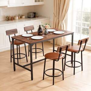 Set-cu-masă-de-bar-și-4-scaune-culoare-nuc-design-rotunjit-119-cm