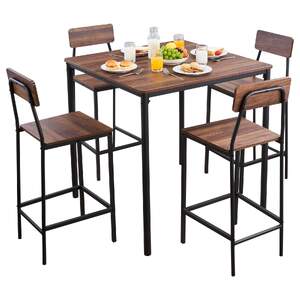 Set-cu-masă-pătrată-de-bar-și-4-scaune-culoare-nuc-margini-rotunjite-89-cm