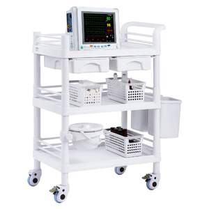 Cărucior-medical-mobil-cu-3-tăvi-și-3-coșuri-pentru-deșeuri