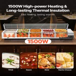 Bain-marie-electric-profesional-1500W-5-tăvi-1-2-cu-capac-din-sticlă
