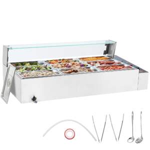 Bain-marie-electric-profesional-1500W-cu-9-tăvi-capac-de-sticlă-și-polonice