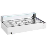 Bain-marie-electric-profesional-1500W-cu-9-tăvi-capac-de-sticlă-și-polonice