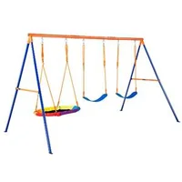 Set-de-leagăne-pentru-curte-cu-1-scaun-tip-cuib-și-2-scaune-tip-bandă-pe-cadru-metalic-în-formă-de-A