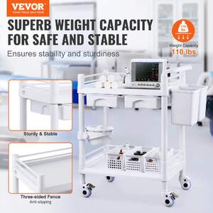 Cărucior-medical-mobil-cu-două-tăvi-două-sertare-și-trei-coșuri-pentru-deșeuri