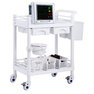 Cărucior-medical-mobil-cu-două-tăvi-două-sertare-și-trei-coșuri-pentru-deșeuri