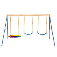 Set-de-leagăne-pentru-curte-cu-1-scaun-tip-cuib-și-2-scaune-tip-bandă-pe-cadru-metalic-în-formă-de-A