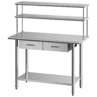 Masă-de-lucru-din-oțel-inoxidabil-122x61x140-cm-cu-raft-superior-dublu-2-sertare-și-raft-inferior-reglabil