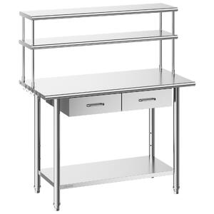 Masă-de-lucru-din-oțel-inoxidabil-122x61x140-cm-cu-raft-superior-dublu-2-sertare-și-raft-inferior-reglabil
