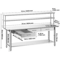 Masă-de-lucru-din-oțel-inoxidabil-183x61x140-cm-cu-raft-superior-dublu-3-sertare-și-raft-inferior-reglabil