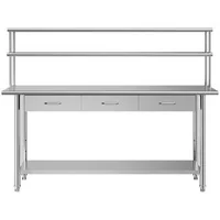 Masă-de-lucru-din-oțel-inoxidabil-183x61x140-cm-cu-raft-superior-dublu-3-sertare-și-raft-inferior-reglabil