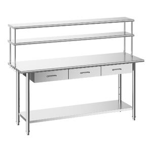 Masă-de-lucru-din-oțel-inoxidabil-183x61x140-cm-cu-raft-superior-dublu-3-sertare-și-raft-inferior-reglabil