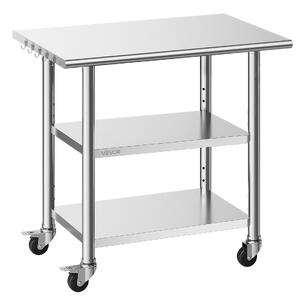 Masă-de-lucru-din-oțel-inoxidabil-pe-roți-91x61x86-cm-cu-3-niveluri-și-5-cârlige