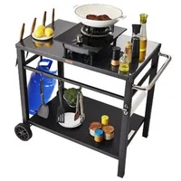 Cărucior-mobil-pentru-grătar-100x64x83-5-cm-cu-blat-din-oțel-negru-de-85x55-cm-două-niveluri-covoraș-PVC-și-2-roți