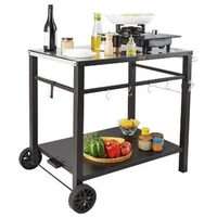 Cărucior-mobil-pentru-grătar-100x64x83-5-cm-cu-blat-din-oțel-negru-de-85x55-cm-două-niveluri-covoraș-PVC-și-2-roți