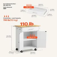 Insulă-de-bucătărie-pe-roți-63-1-cm-albă-cu-sertar-dulap-bară-pentru-prosoape-și-cârlige