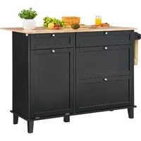 Insulă-de-bucătărie-128-cm-neagră-blat-din-lemn-de-cauciuc-4-sertare-dulap-pentru-coș-și-clapetă-rabatabilă