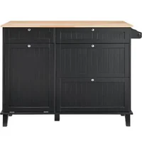 Insulă-de-bucătărie-128-cm-neagră-blat-din-lemn-de-cauciuc-4-sertare-dulap-pentru-coș-și-clapetă-rabatabilă