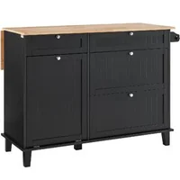 Insulă-de-bucătărie-128-cm-neagră-blat-din-lemn-de-cauciuc-4-sertare-dulap-pentru-coș-și-clapetă-rabatabilă