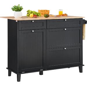 Insulă-de-bucătărie-128-cm-neagră-blat-din-lemn-de-cauciuc-4-sertare-dulap-pentru-coș-și-clapetă-rabatabilă