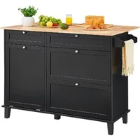 Insulă-de-bucătărie-128-cm-neagră-blat-din-lemn-de-cauciuc-4-sertare-dulap-pentru-coș-și-clapetă-rabatabilă
