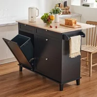 Insulă-de-bucătărie-128-cm-neagră-blat-din-lemn-de-cauciuc-4-sertare-dulap-pentru-coș-și-clapetă-rabatabilă