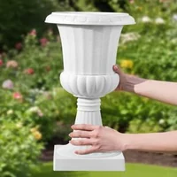 Ghivece-tip-urnă-din-plastic-25-x-42-cm-set-de-2-bucăți-albe-pe-piedestal-cu-orificii-de-drenaj-pentru-curte-și-terasă