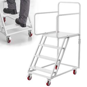 Scară-mobilă-tip-platformă-cu-patru-trepte-capacitate-portantă-400-kg-oțel-aliat-Q195-balustrade-duble-trepte-antiderapante-4-roți