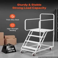 Scară-mobilă-tip-platformă-cu-patru-trepte-capacitate-portantă-400-kg-oțel-aliat-Q195-balustrade-duble-trepte-antiderapante-4-roți