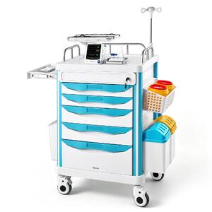 Cărucior-medical-cu-5-sertare-încărcare-de-până-la-110-kg-înălțime-fixă-de-1650-mm-roți-care-se-blochează-la-360-panou-CPR-și-suport-pentru-sticlă